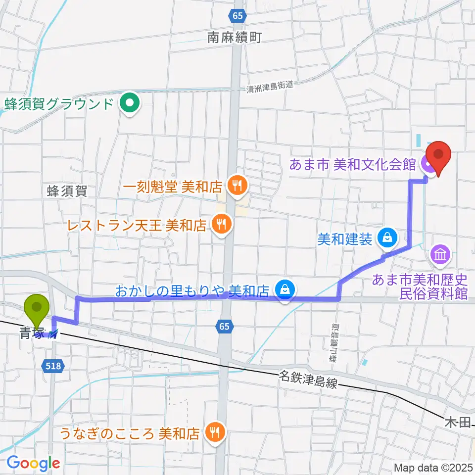 青塚駅からあま市美和文化会館へのルートマップ地図