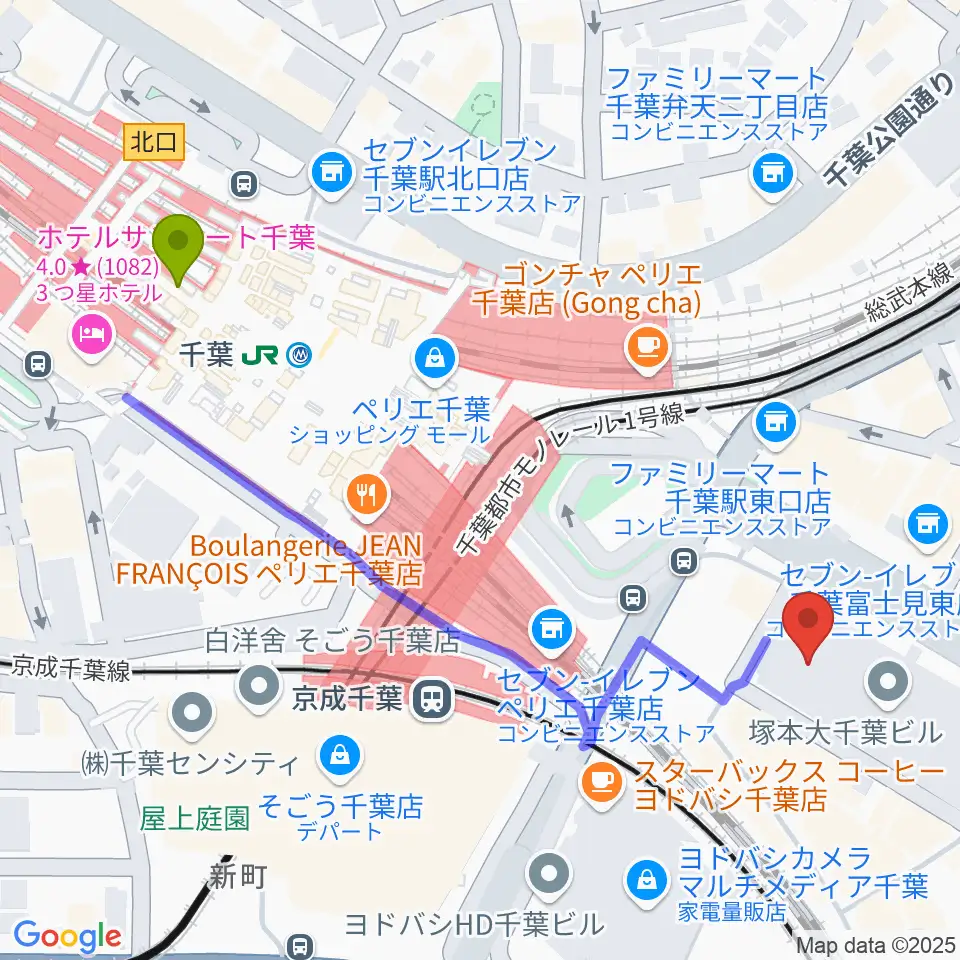 千葉駅からNHK文化センター千葉教室へのルートマップ地図