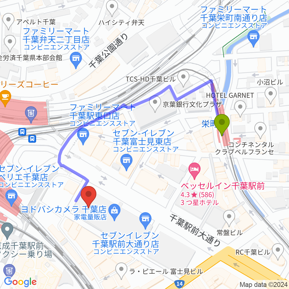 NHK文化センター千葉教室の最寄駅栄町駅からの徒歩ルート（約4分）地図