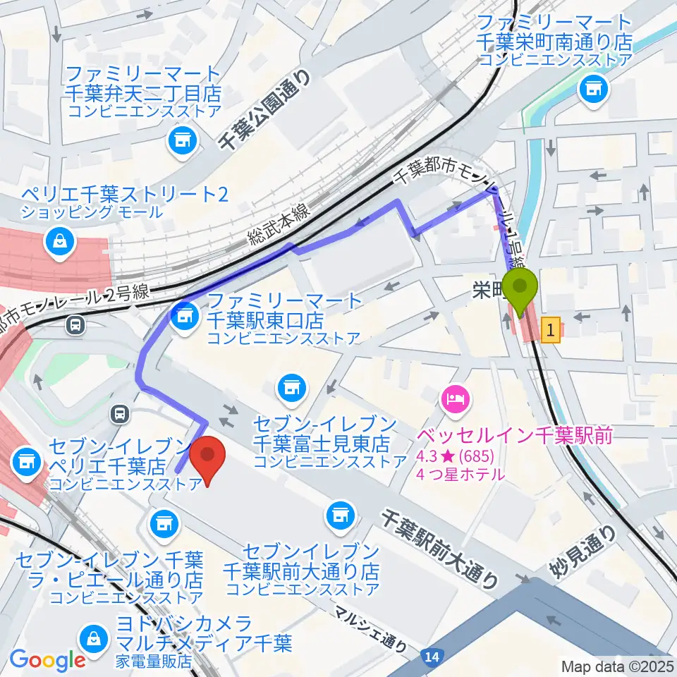 NHK文化センター千葉教室の最寄駅栄町駅からの徒歩ルート（約4分）地図