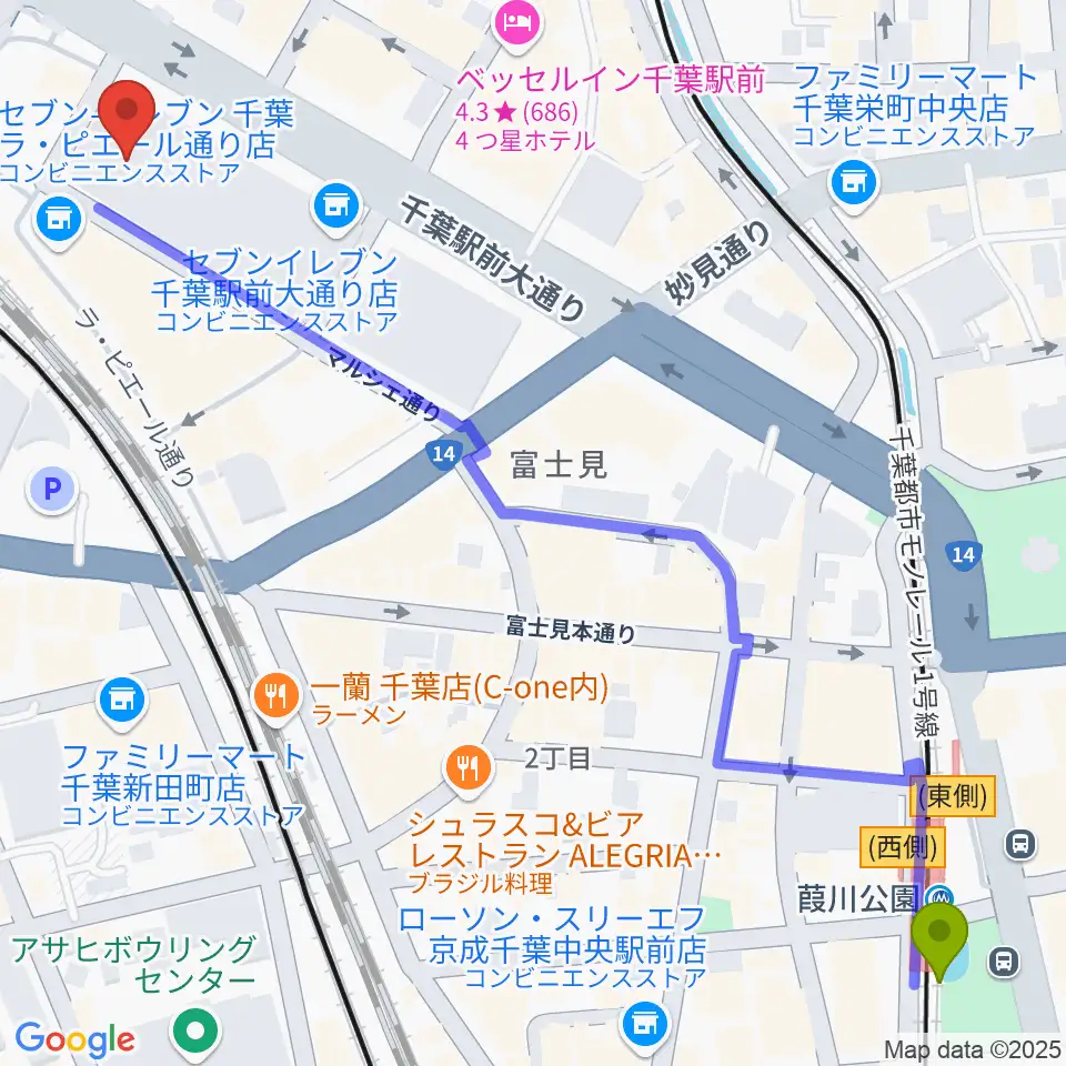 葭川公園駅からNHK文化センター千葉教室へのルートマップ地図