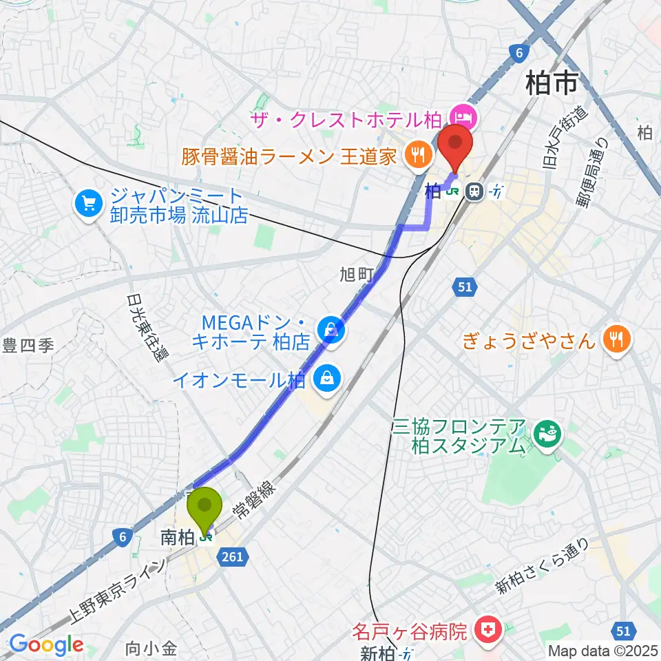 南柏駅からNHK文化センター柏教室へのルートマップ地図