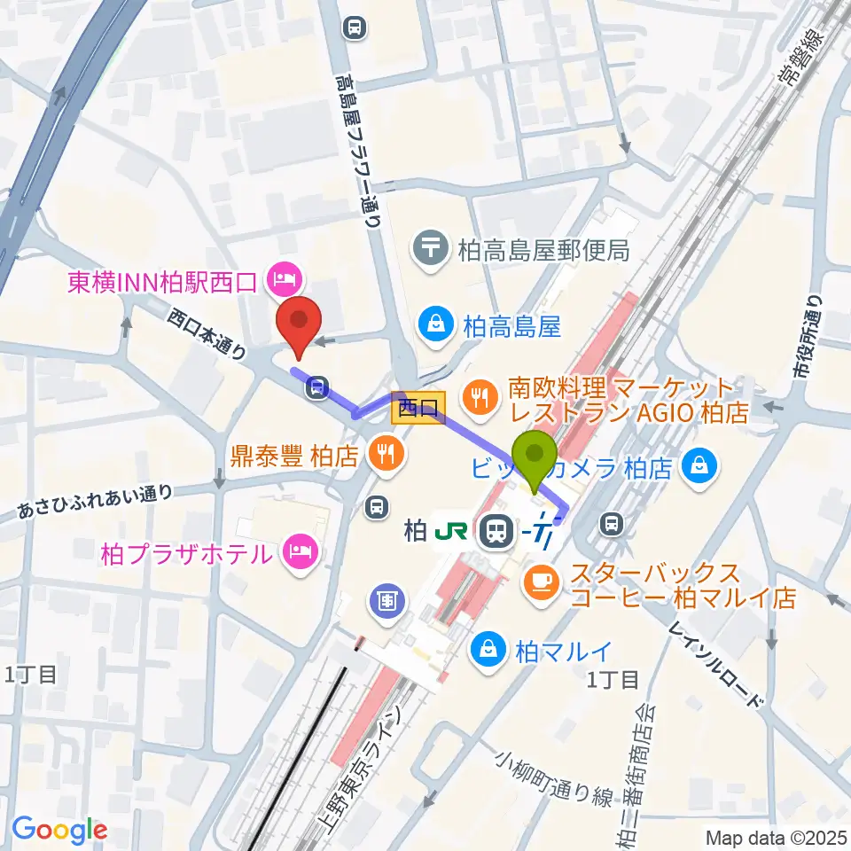 NHK文化センター柏教室の最寄駅柏駅からの徒歩ルート（約2分）地図