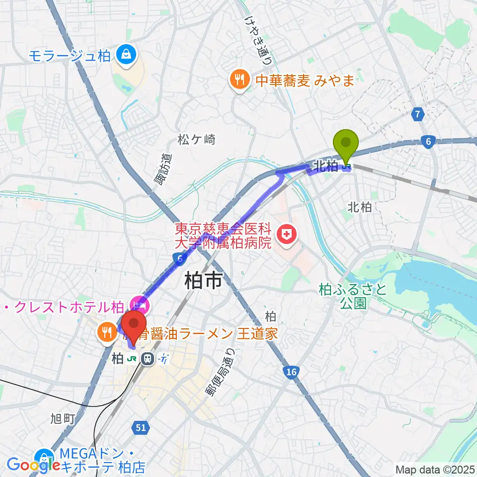 北柏駅からNHK文化センター柏教室へのルートマップ地図