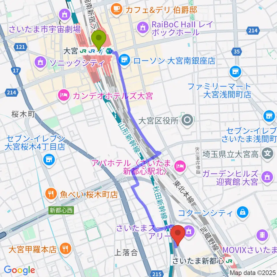 大宮駅からNHK文化センター さいたまアリーナ教室へのルートマップ地図