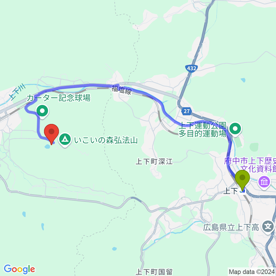 上下駅からジミー・カーターシビックセンターへのルートマップ地図