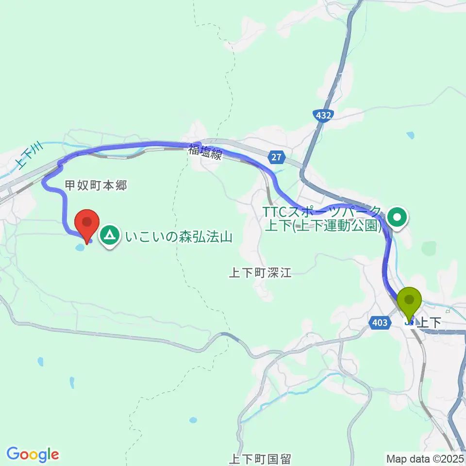 上下駅からジミー・カーターシビックセンターへのルートマップ地図