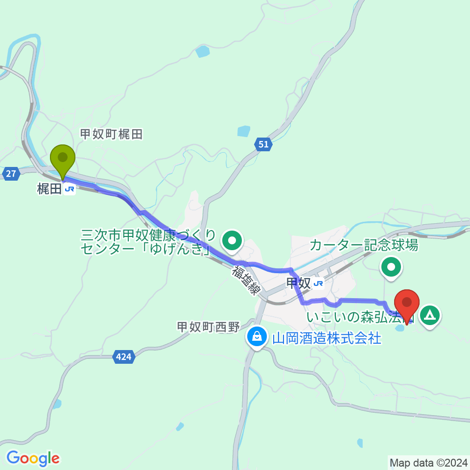 梶田駅からジミー・カーターシビックセンターへのルートマップ地図