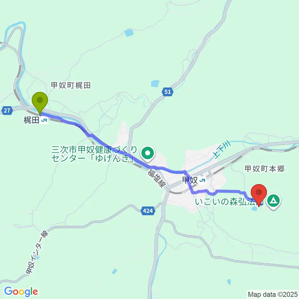 梶田駅からジミー・カーターシビックセンターへのルートマップ地図