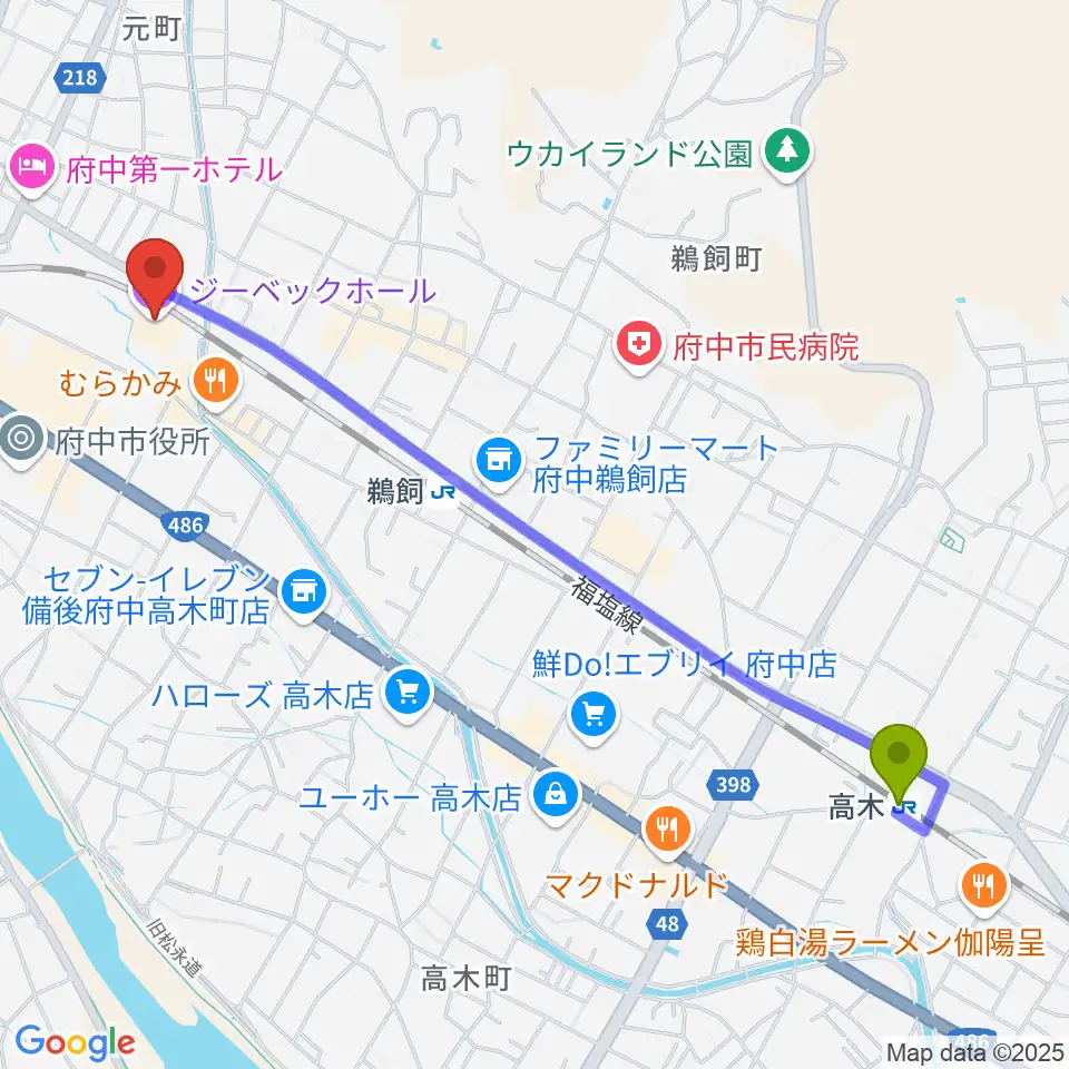 高木駅からジーベックホールへのルートマップ地図