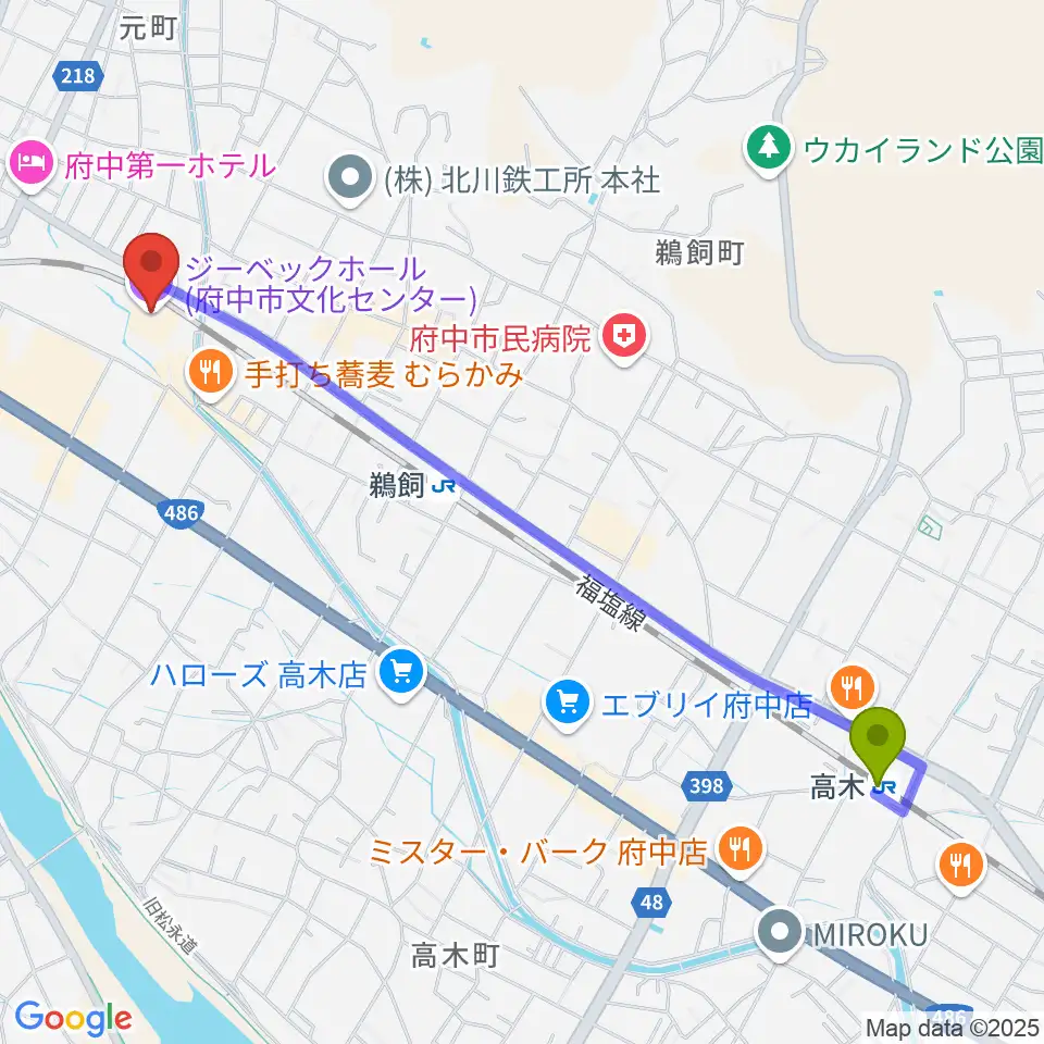 高木駅からジーベックホールへのルートマップ地図