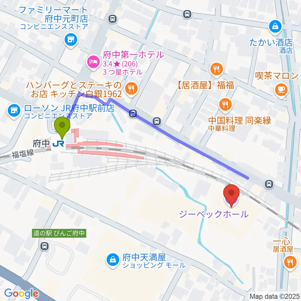 ジーベックホールの最寄駅府中駅からの徒歩ルート（約5分）地図