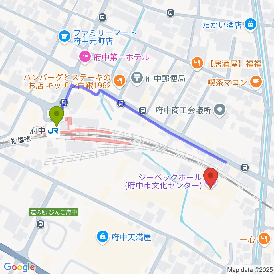 ジーベックホールの最寄駅府中駅からの徒歩ルート（約5分）地図