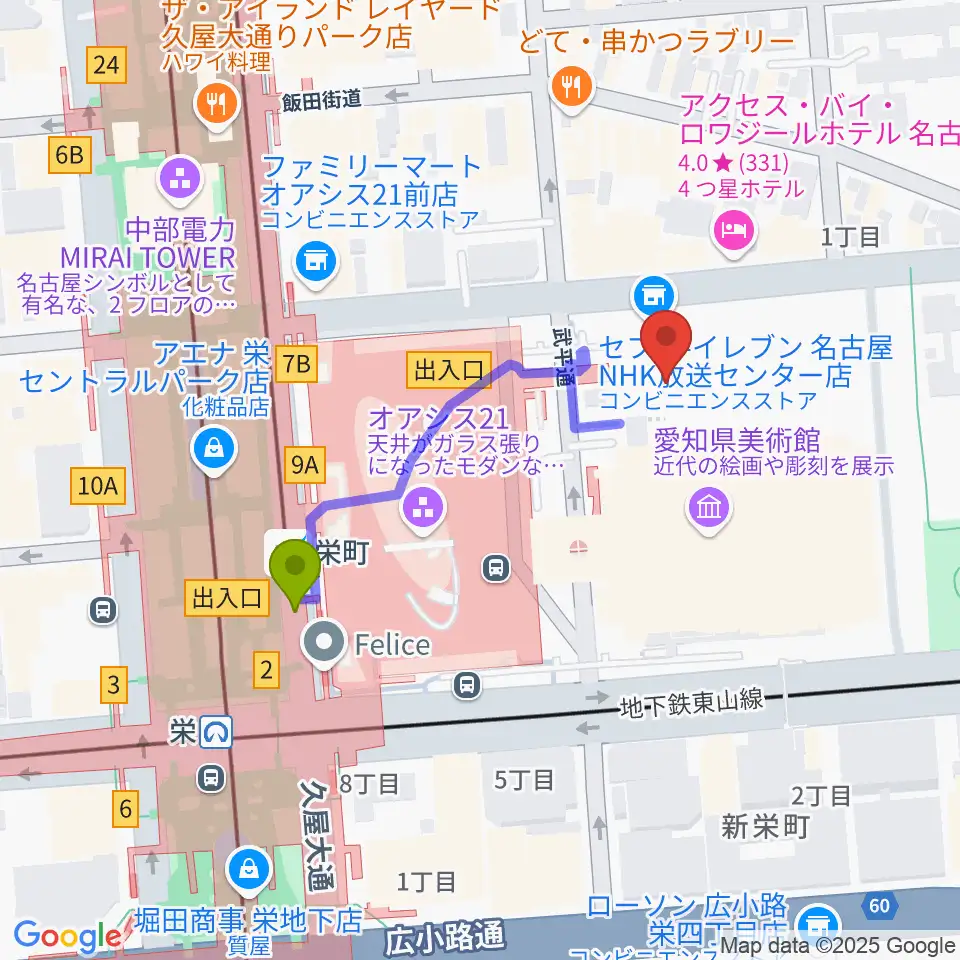 NHK文化センター 名古屋教室の最寄駅栄町駅からの徒歩ルート（約4分）地図