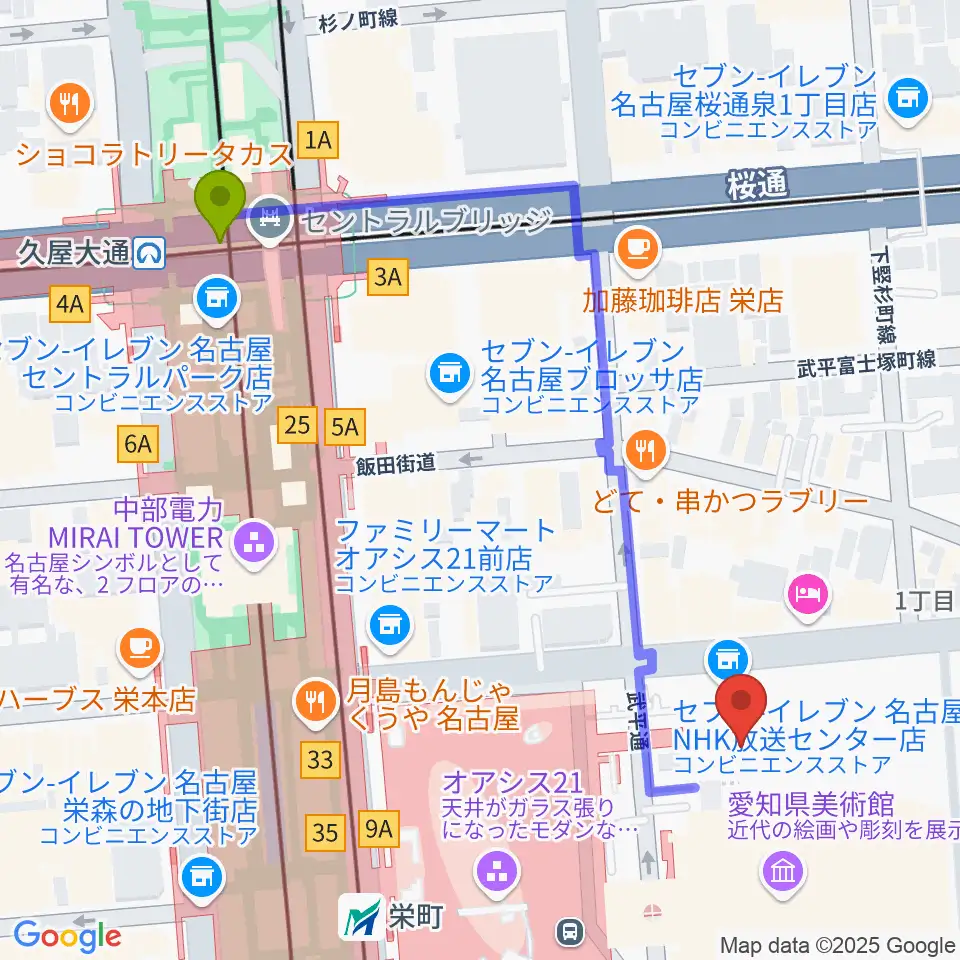 久屋大通駅からNHK文化センター 名古屋教室へのルートマップ地図