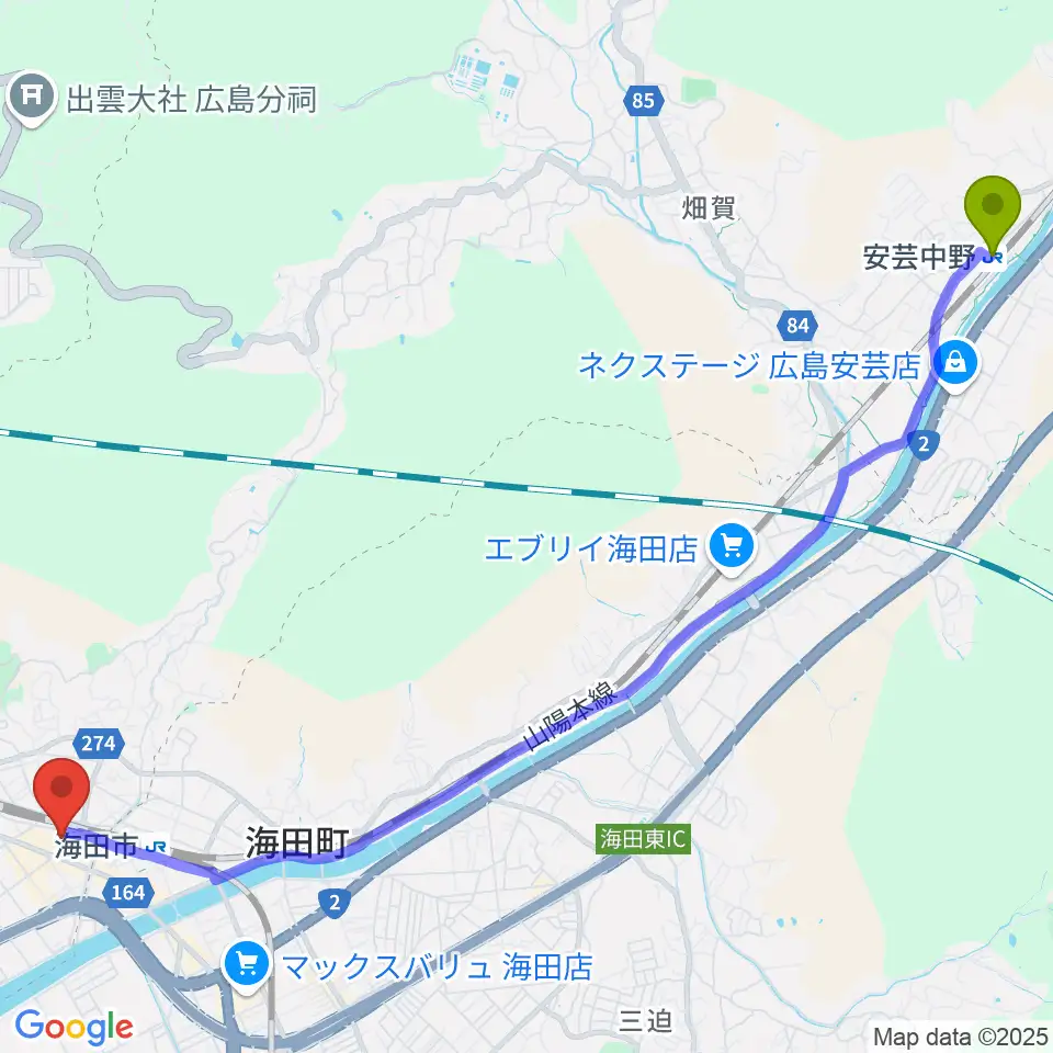 安芸中野駅から安芸区民文化センターへのルートマップ地図