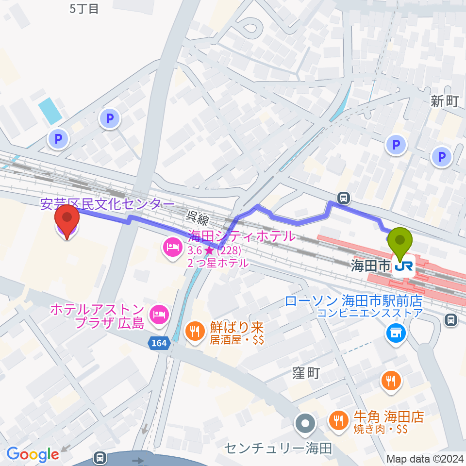 安芸区民文化センターの最寄駅海田市駅からの徒歩ルート（約6分）地図