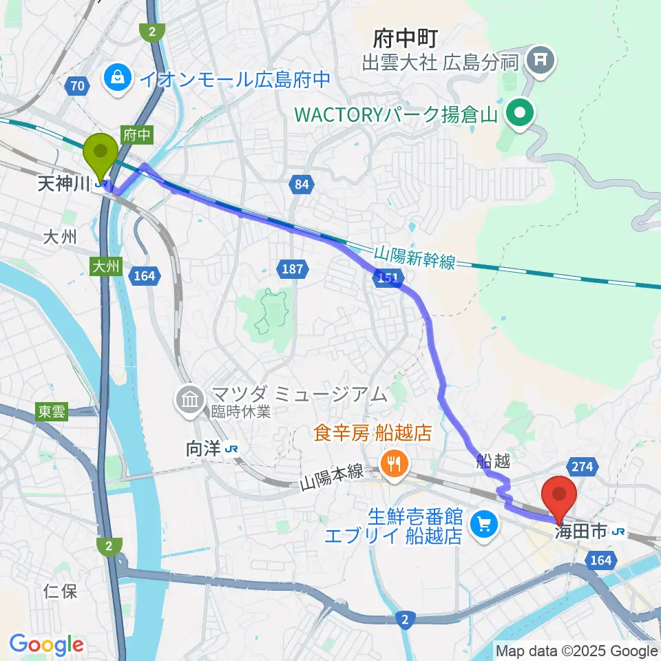 天神川駅から安芸区民文化センターへのルートマップ地図
