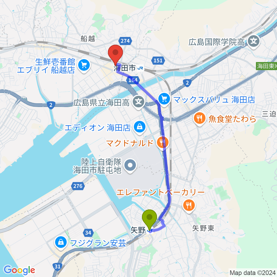 矢野駅から安芸区民文化センターへのルートマップ地図