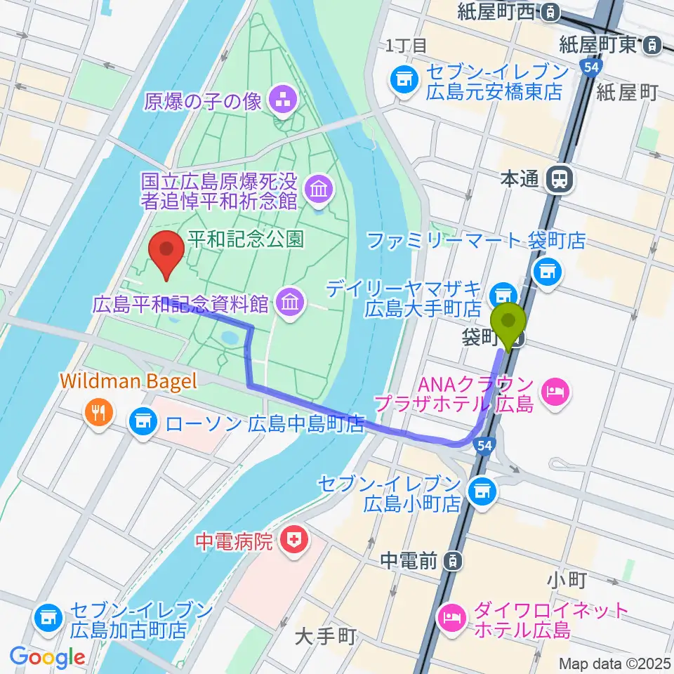 広島国際会議場フェニックスホールの最寄駅袋町駅からの徒歩ルート（約8分）地図