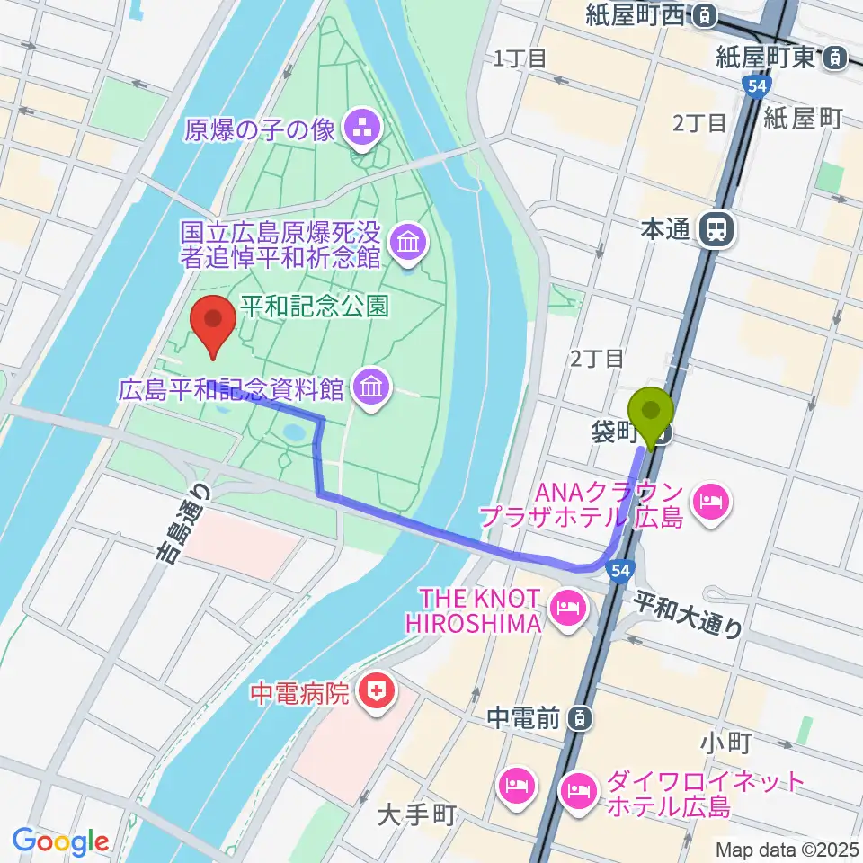 広島国際会議場フェニックスホールの最寄駅袋町駅からの徒歩ルート（約8分）地図