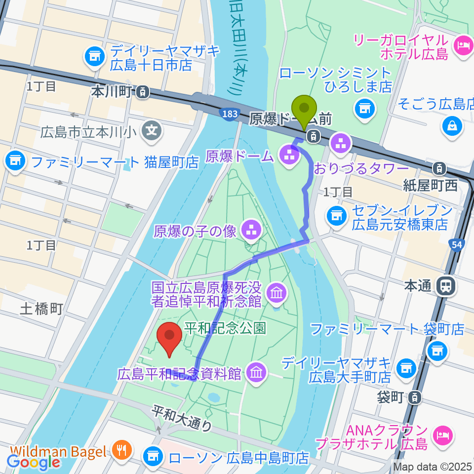 原爆ドーム前駅から広島国際会議場フェニックスホールへのルートマップ地図