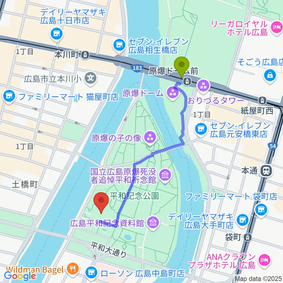 原爆ドーム前駅から広島国際会議場フェニックスホールへのルートマップ地図