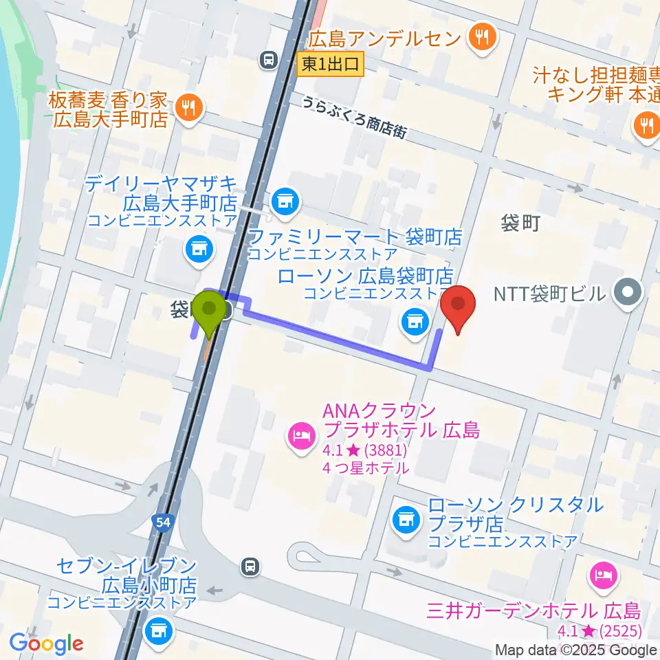 合人社ウェンディひと・まちプラザの最寄駅袋町駅からの徒歩ルート（約3分）地図