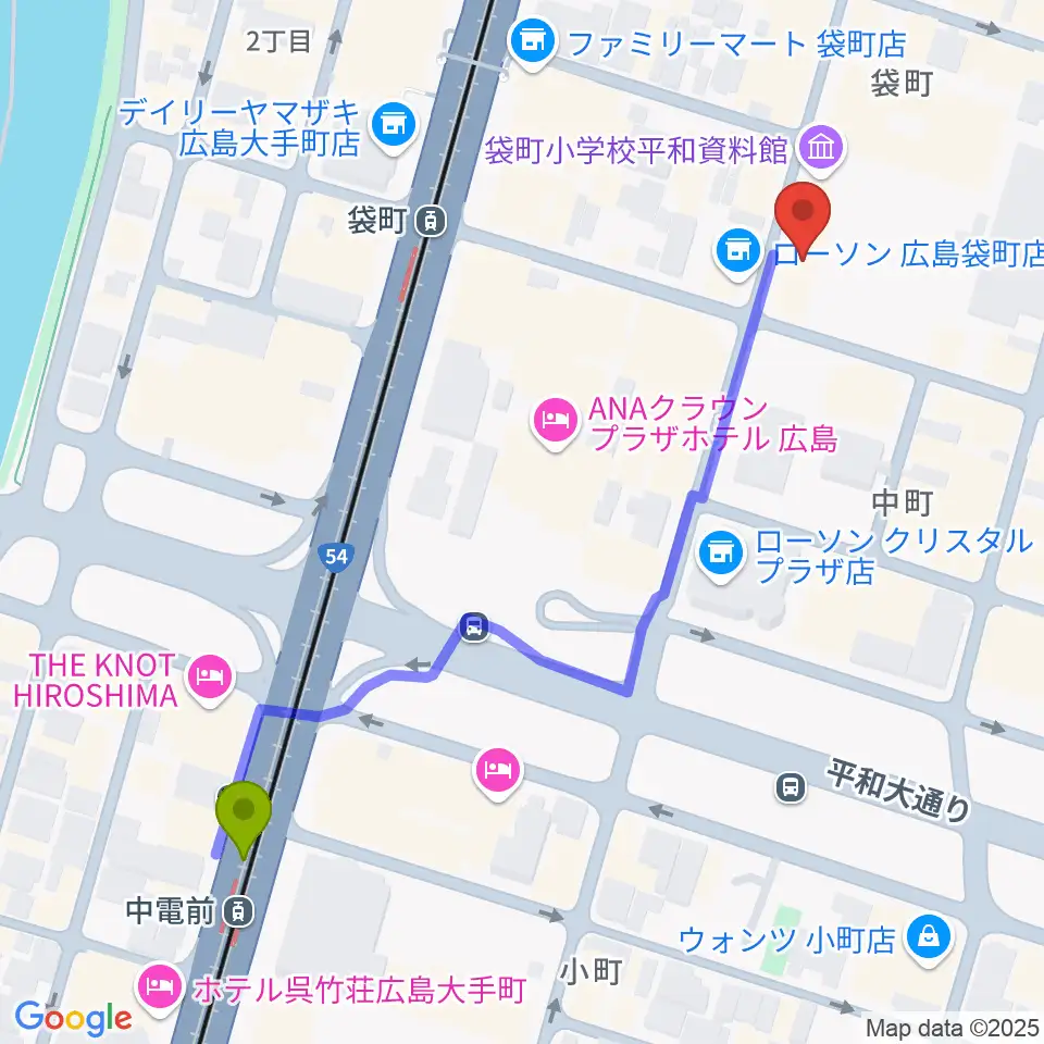 中電前駅から合人社ウェンディひと・まちプラザへのルートマップ地図