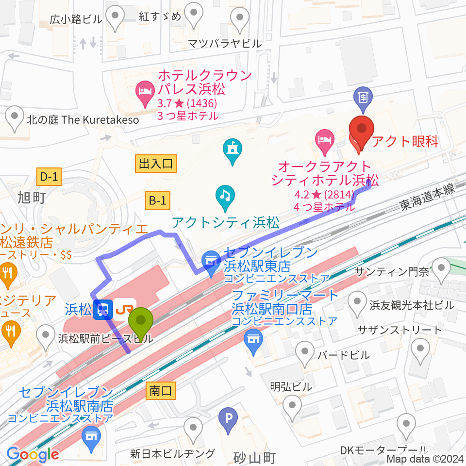 NHK文化センター浜松教室の最寄駅浜松駅からの徒歩ルート（約5分）地図