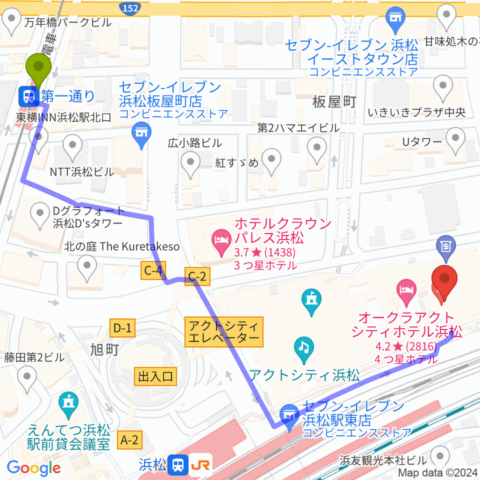 第一通り駅からNHK文化センター浜松教室へのルートマップ地図