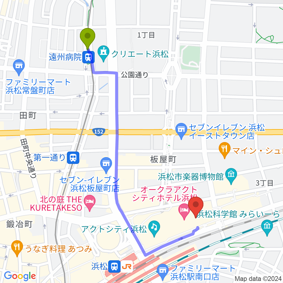 遠州病院駅からNHK文化センター浜松教室へのルートマップ地図