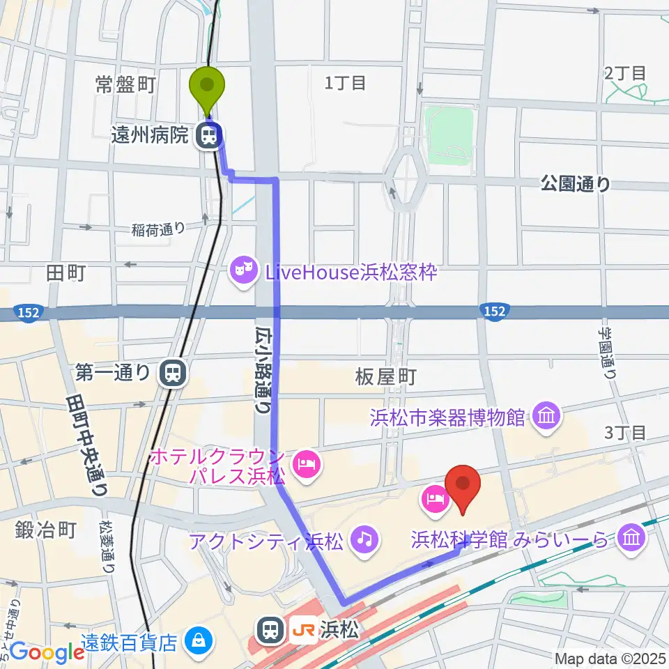 遠州病院駅からNHK文化センター浜松教室へのルートマップ地図