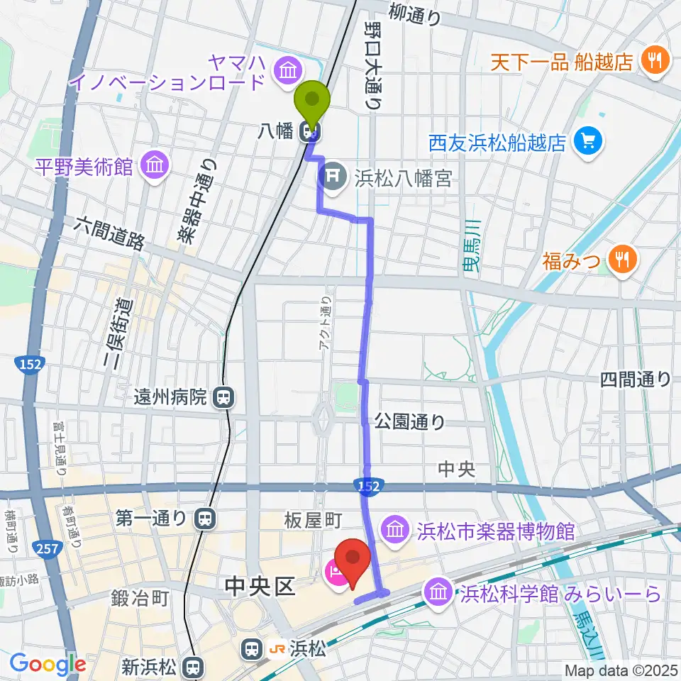 八幡駅からNHK文化センター浜松教室へのルートマップ地図