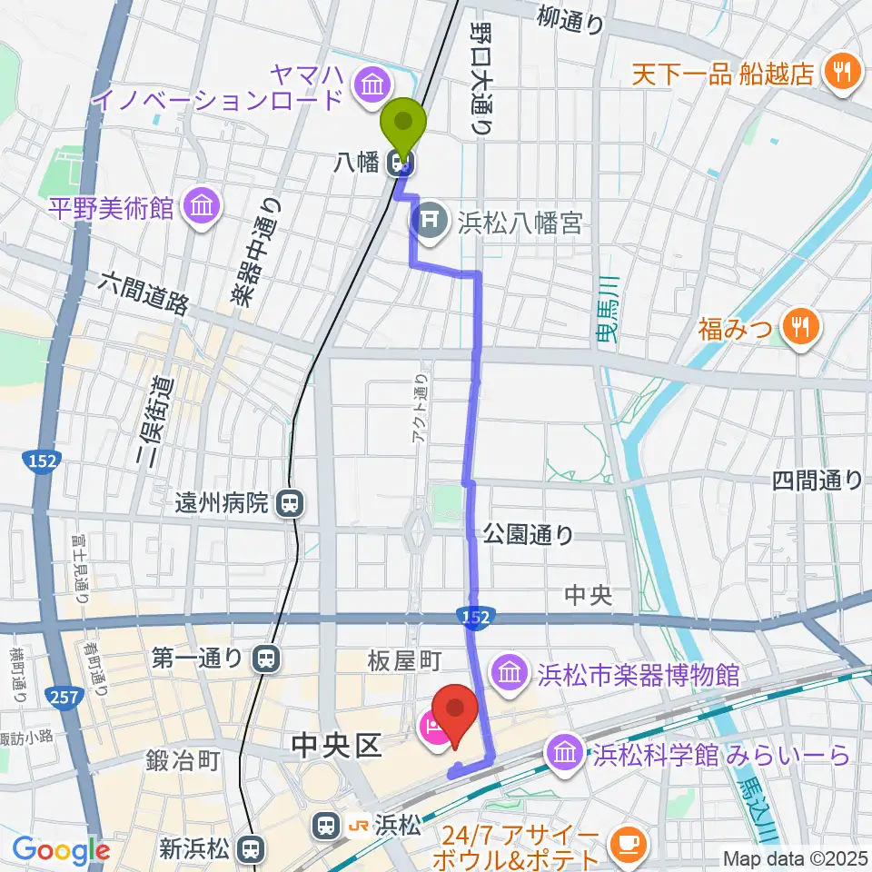 八幡駅からNHK文化センター浜松教室へのルートマップ地図