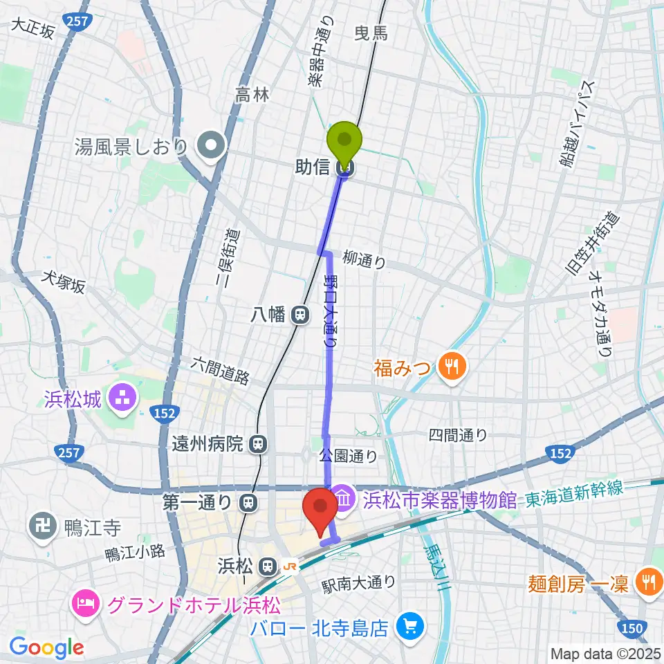 助信駅からNHK文化センター浜松教室へのルートマップ地図