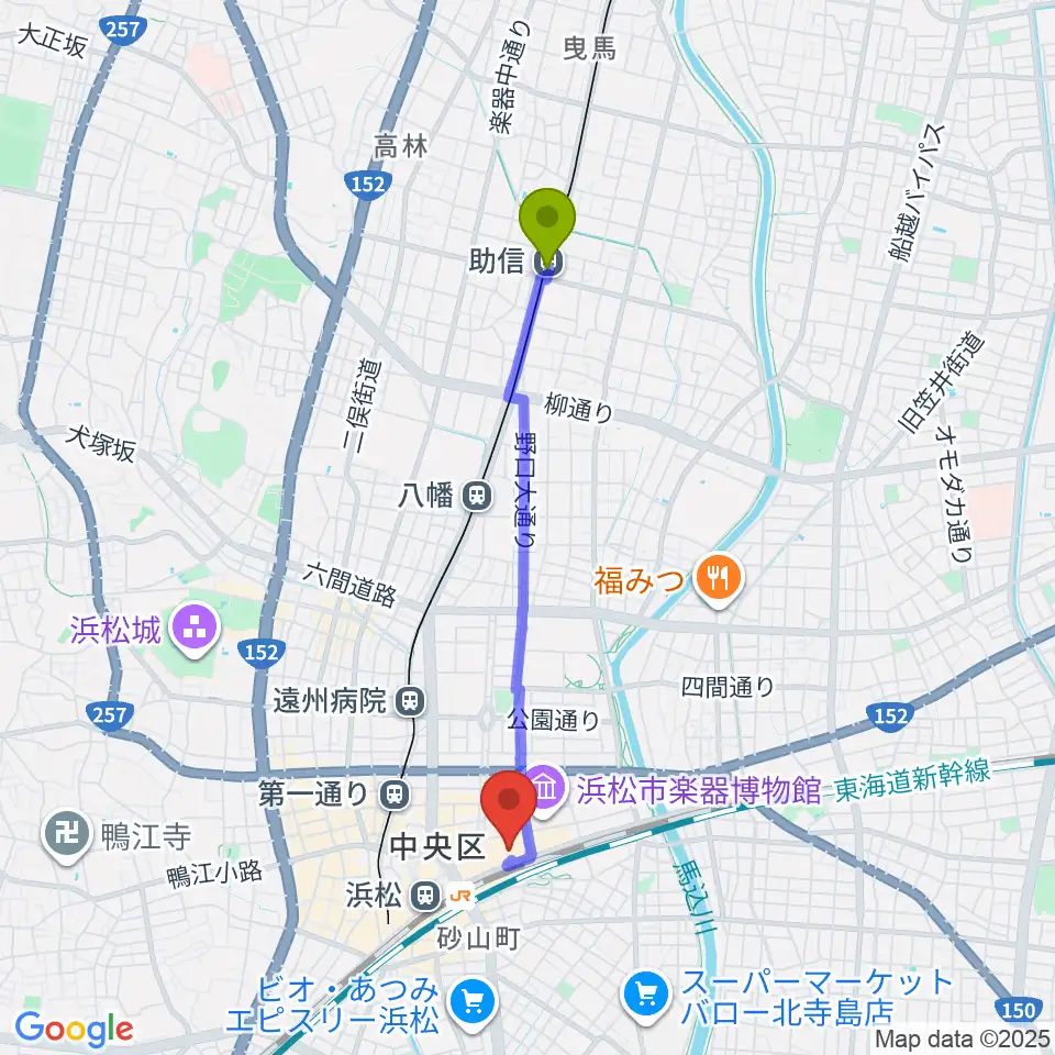 助信駅からNHK文化センター浜松教室へのルートマップ地図