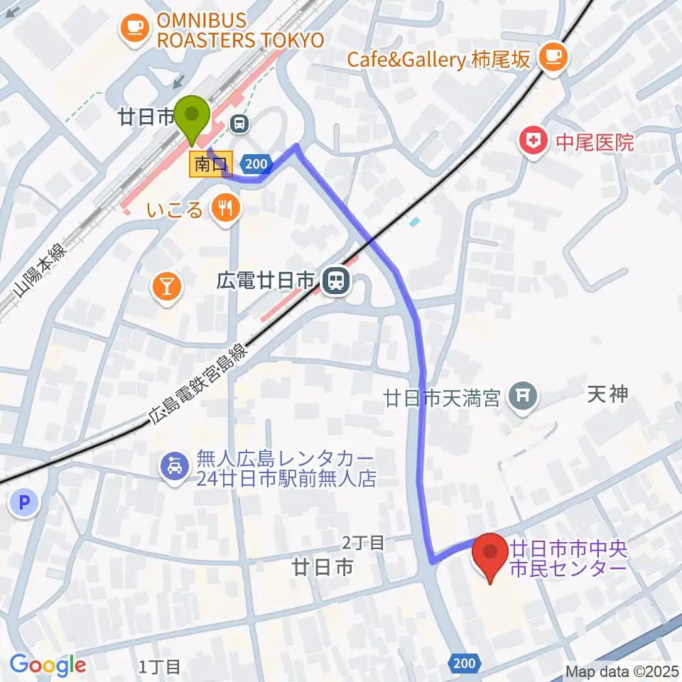 廿日市市中央市民センターの最寄駅廿日市駅からの徒歩ルート（約6分）地図