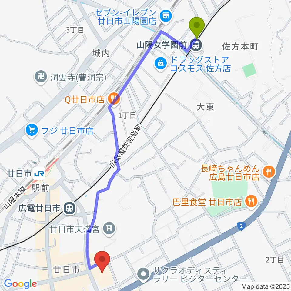山陽女学園前駅から廿日市市中央市民センターへのルートマップ地図
