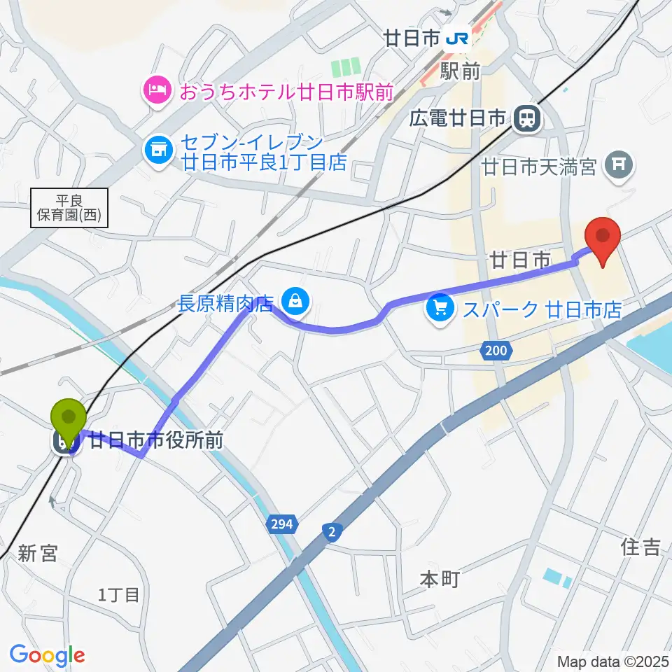 廿日市市役所前（平良）駅から廿日市市中央市民センターへのルートマップ地図