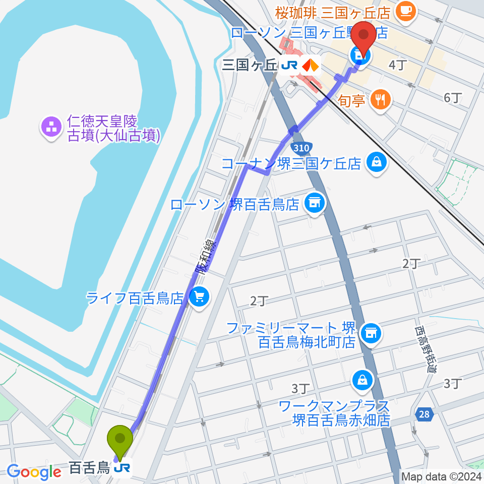 百舌鳥駅から三国ヶ丘FUZZ(ファズ)へのルートマップ地図