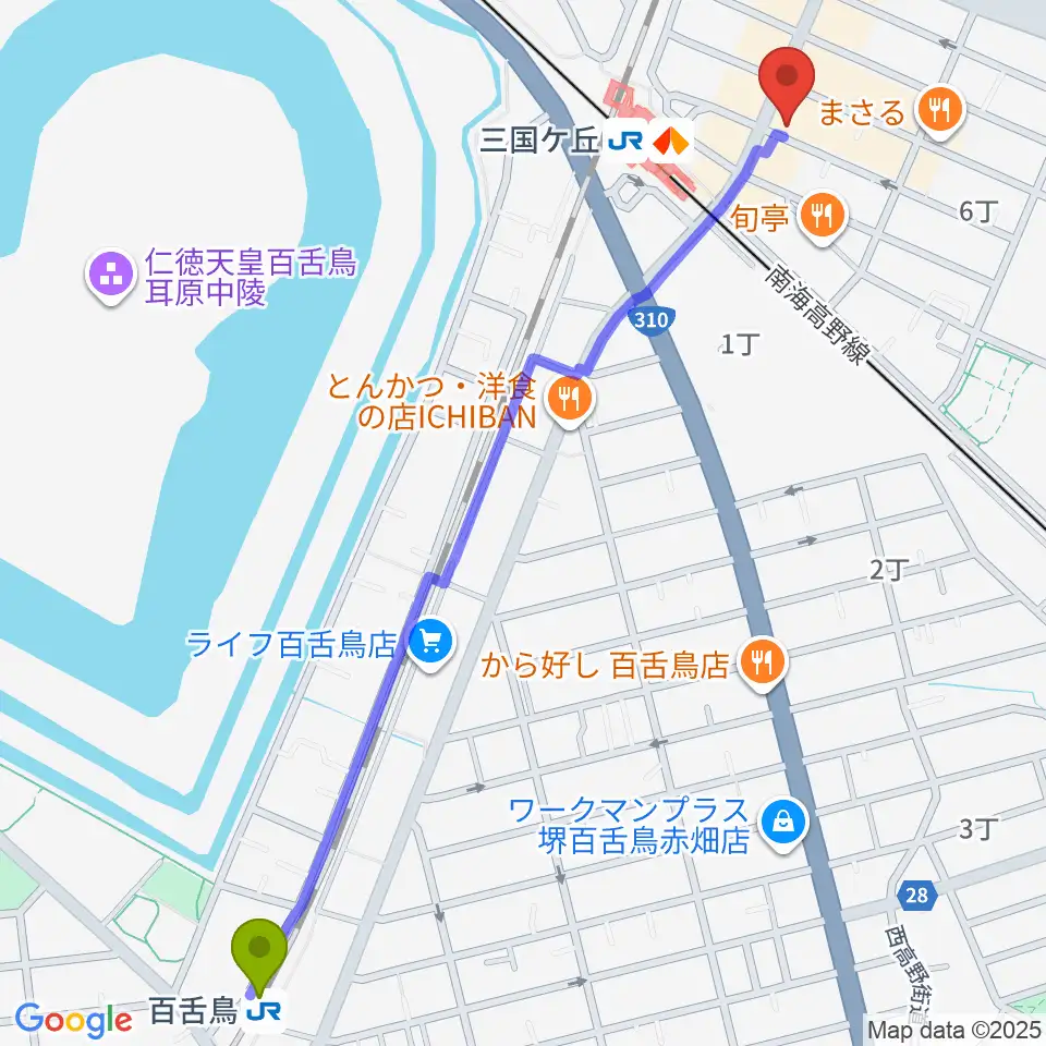 百舌鳥駅から三国ヶ丘FUZZへのルートマップ地図