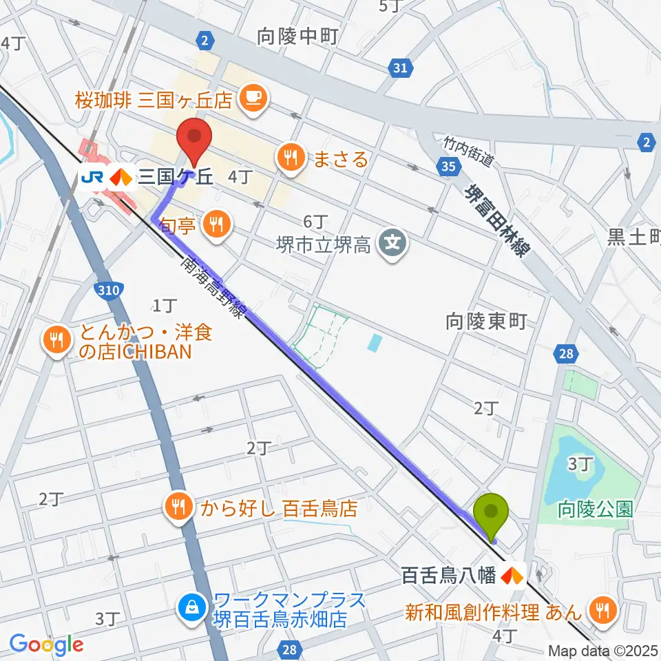 百舌鳥八幡駅から三国ヶ丘FUZZへのルートマップ地図