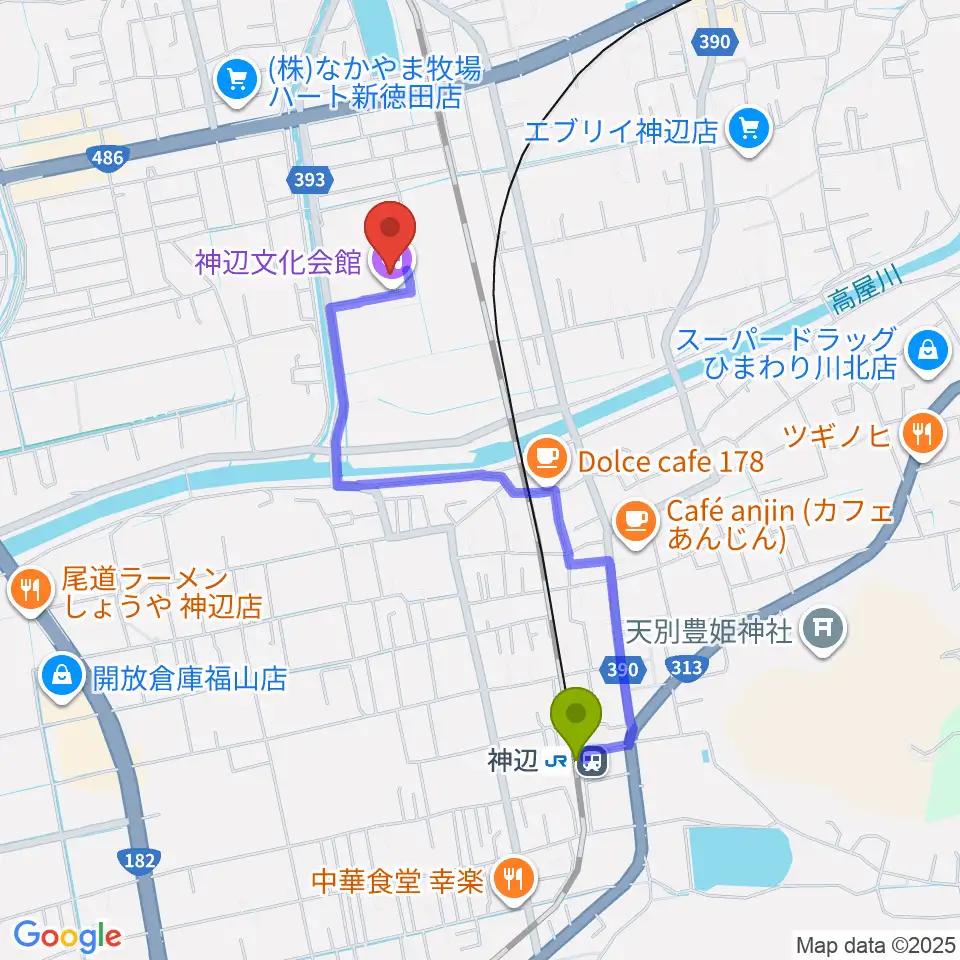 神辺駅から福山市神辺文化会館へのルートマップ地図