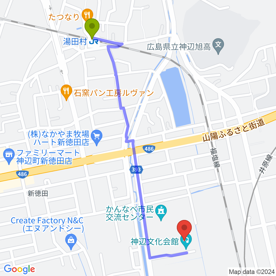 福山市神辺文化会館の最寄駅湯田村駅からの徒歩ルート（約13分）地図