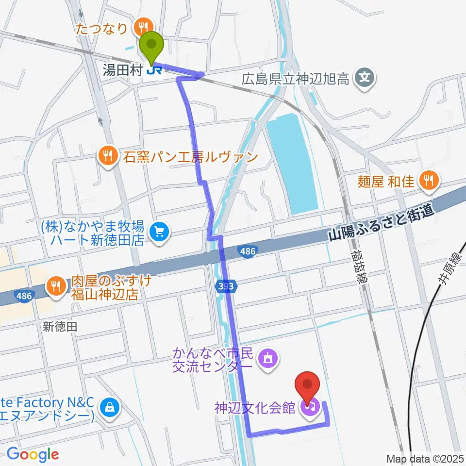 福山市神辺文化会館の最寄駅湯田村駅からの徒歩ルート（約13分）地図