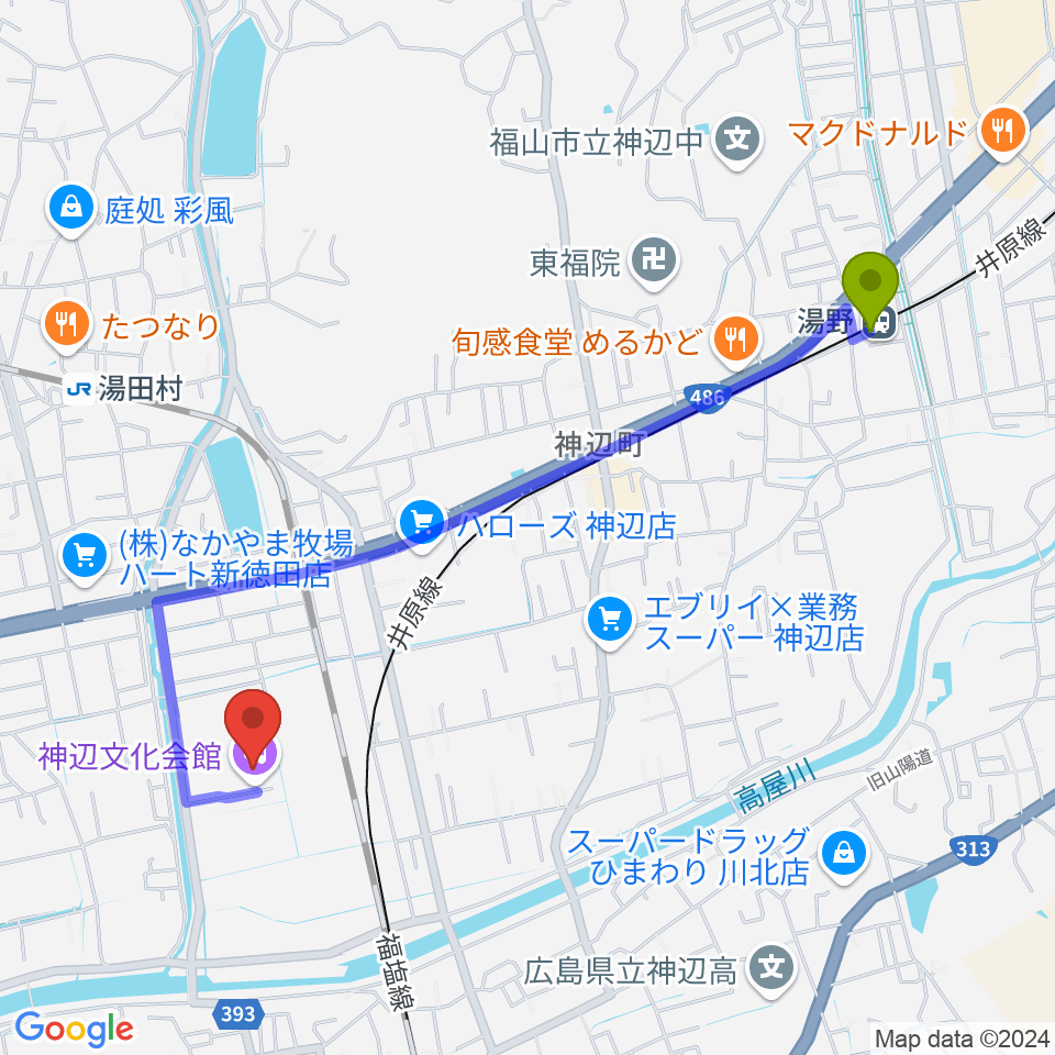 湯野駅から福山市神辺文化会館へのルートマップ地図