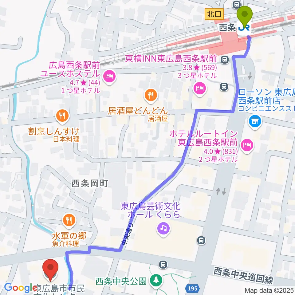 東広島市市民文化センターの最寄駅西条駅からの徒歩ルート（約8分）地図