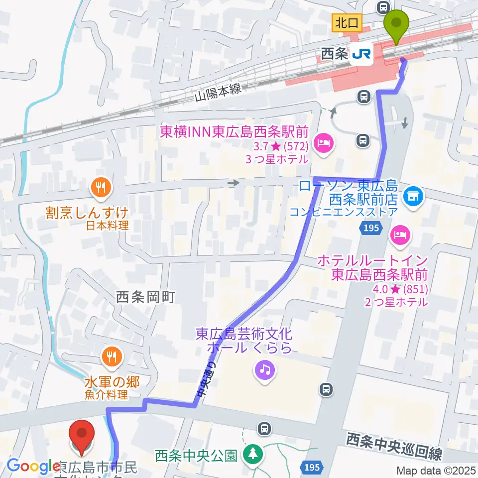 東広島市市民文化センターの最寄駅西条駅からの徒歩ルート（約8分）地図