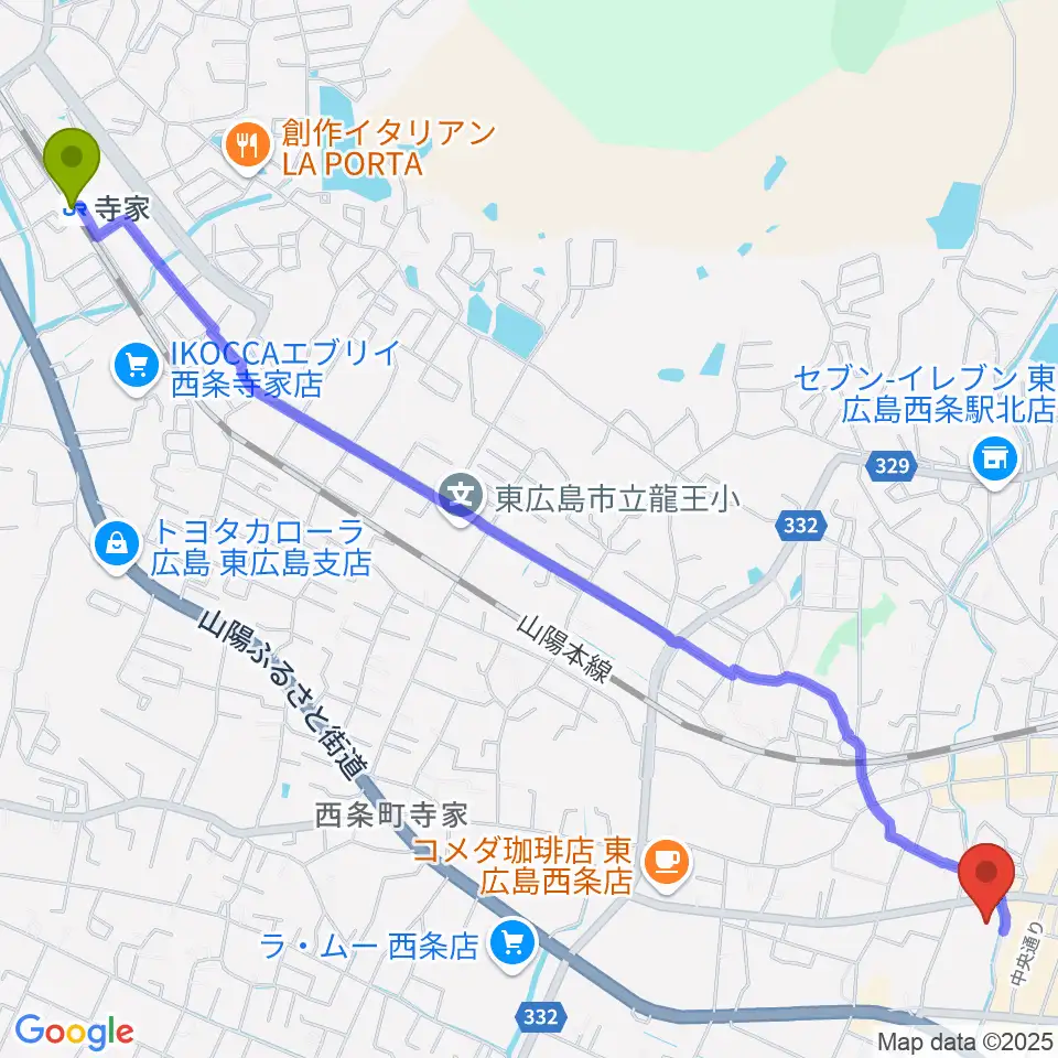 寺家駅から東広島市市民文化センターへのルートマップ地図